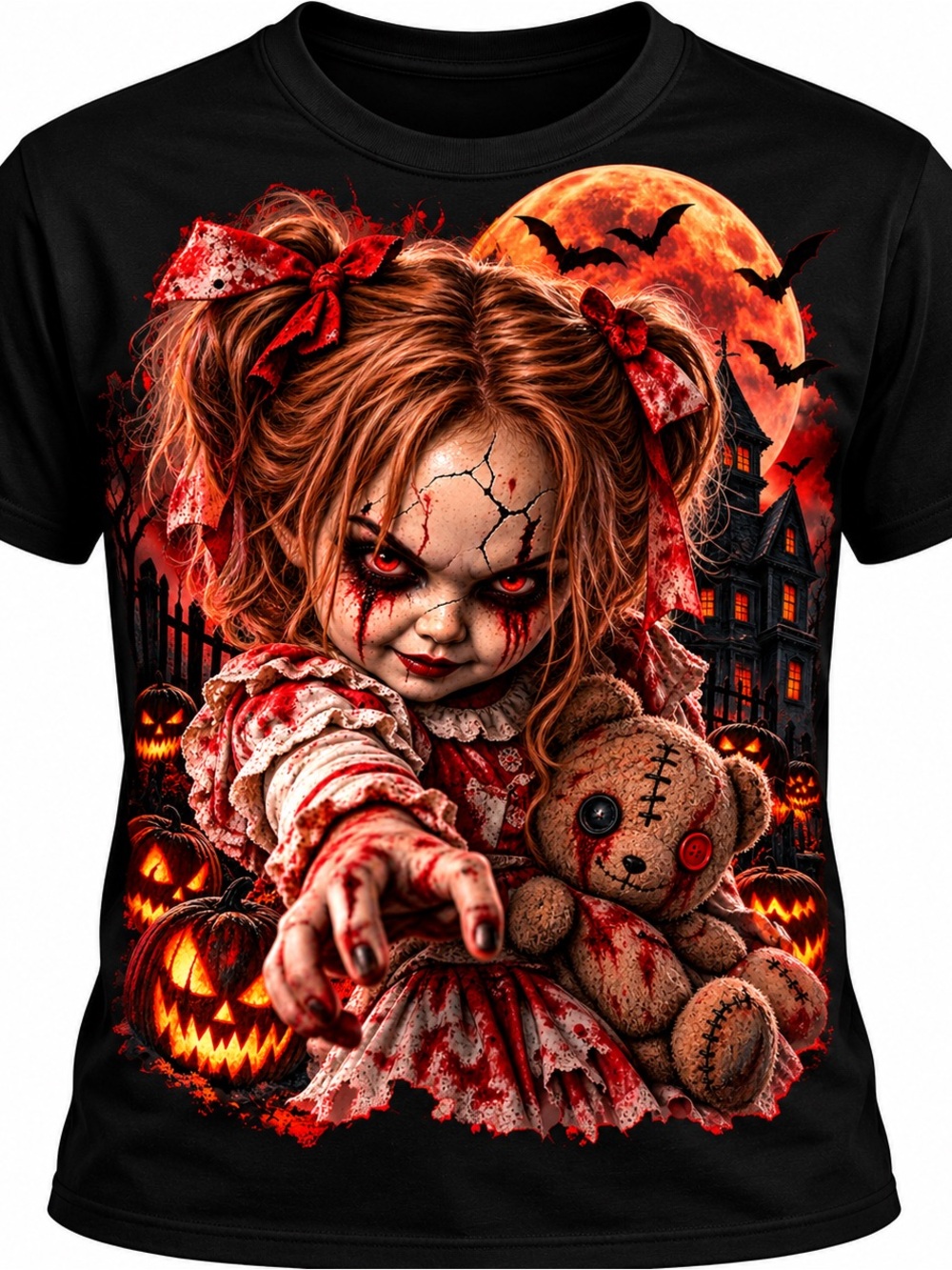 Creepy Doll Kids Halloween Costume Tee - Black/Red